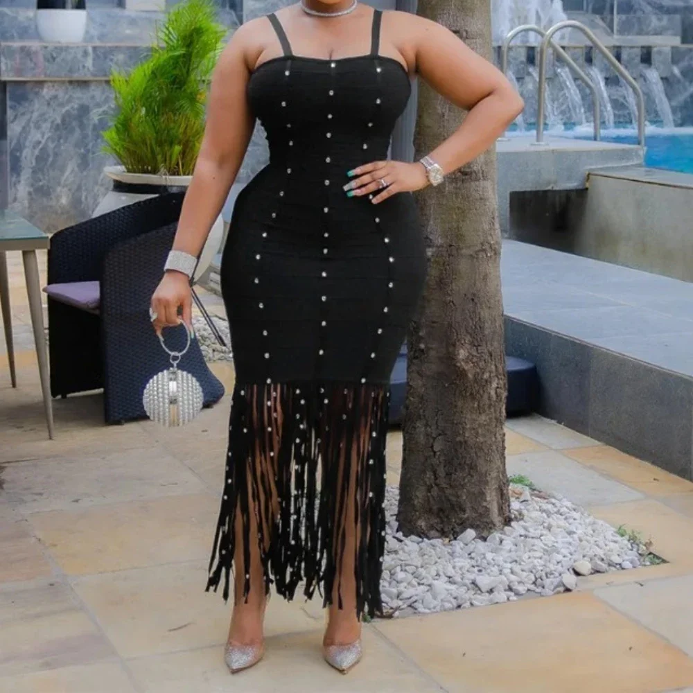 

Black Dashiki African Dresses for Women 2025 Summer Sexy African Sleeveless Polyester Party Evening Tassel Long Dress Outfits