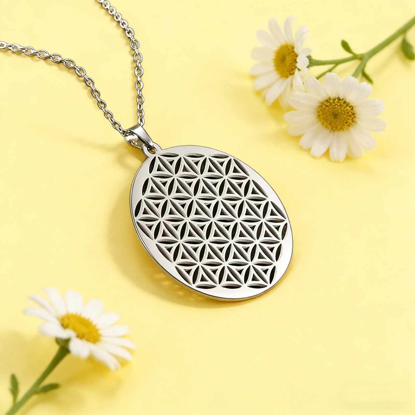 Skyrim Blume des Lebens Halskette für Damen, runder Anhänger, ästhetische Edelstahlkette, geometrischer Schmuck