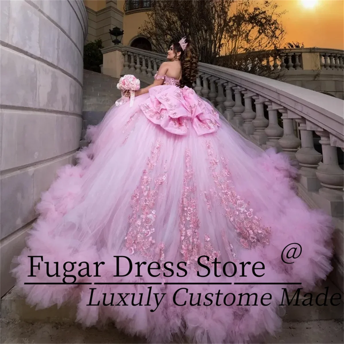 

Розовое платье Quinceanera по индивидуальному заказу с открытыми плечами и аппликацией из кружева с бусинами и бантом, многоуровневое платье для вечеринки, дня рождения, сладкое платье 16, Vestido De 15 Anos