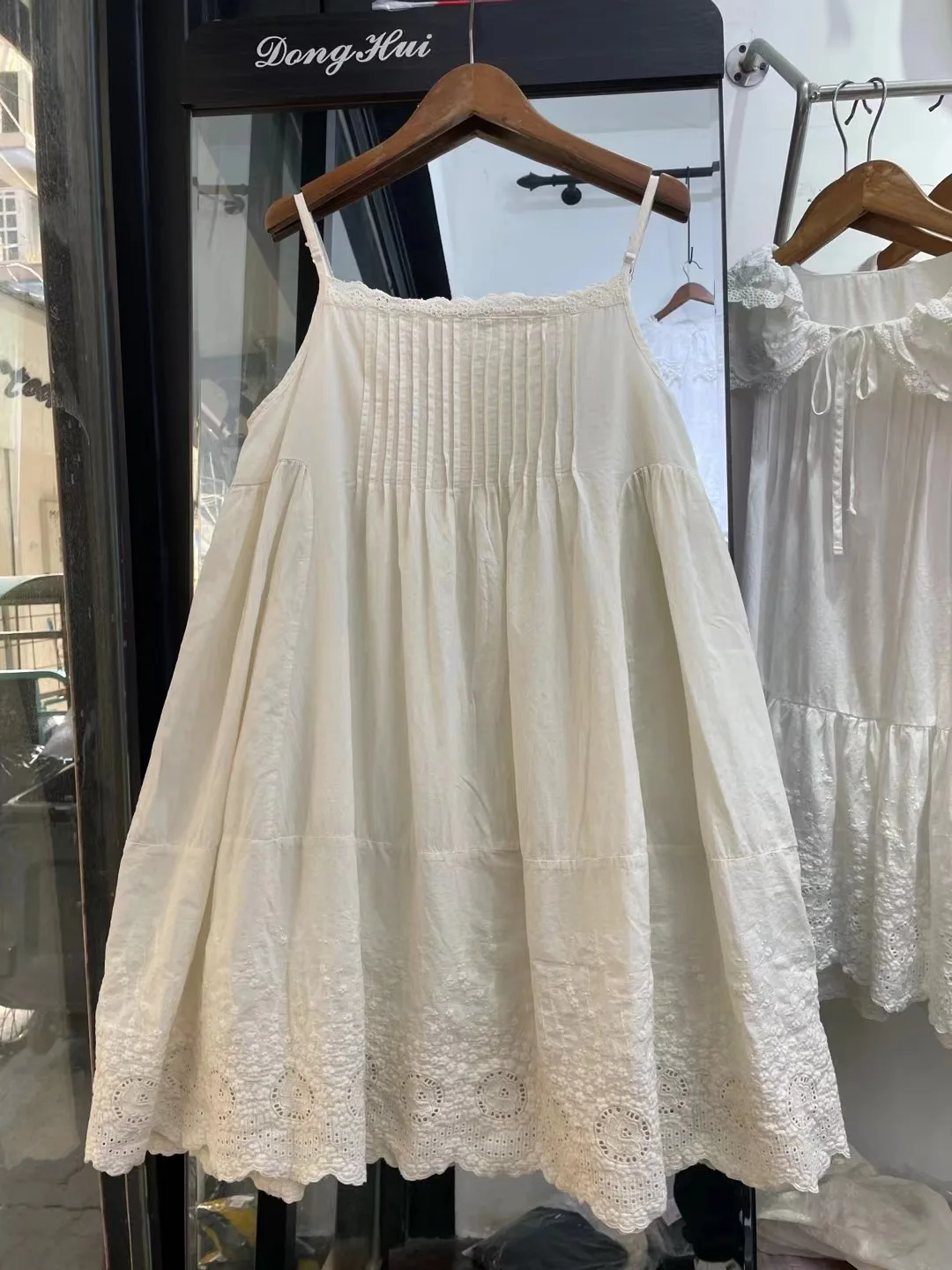 100% Cotton pleated embroidery hollow out white black beige slip dress mori girl autumn summer Japan style sweet petticoat dress