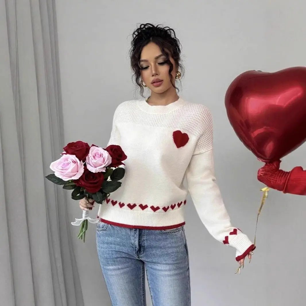 

Свободный женский вязаный свитер круглого цвета Ne Overhead Heart Pattern Y2K Sle Cross-Border Pure New 2025 Faion Commute Long Sve
