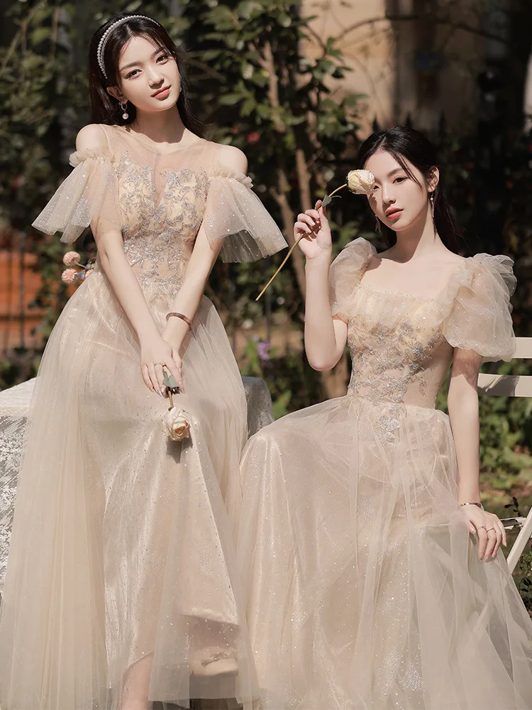 Apricot Bridesmaid Dress Sweet Princess Sleeve Wedding Sisters Group Party Gown Exquisite Applique Tulle A-Line Prom Vestido