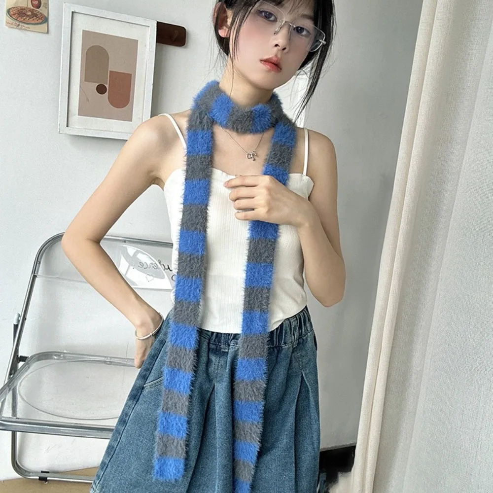 أزياء Y2 وشاح مخطط دافئ محبوك الصوف السجق وشاح رقيق لينة أفخم الأوشحة الضيقة الطويلة الخريف الشتاء