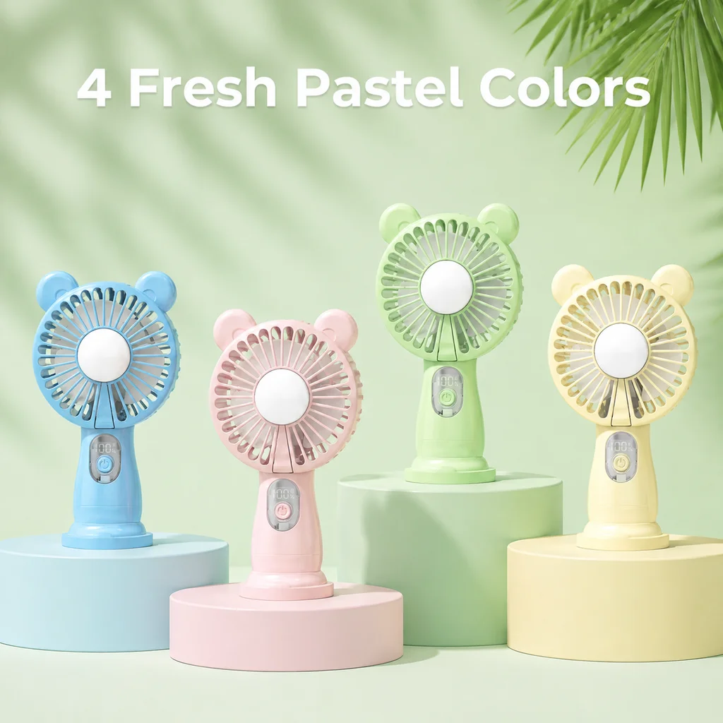 Bear Ear Mini Handheld Fan with Phone Holder Base LED Display Multi-Speed USB Cooling Fan