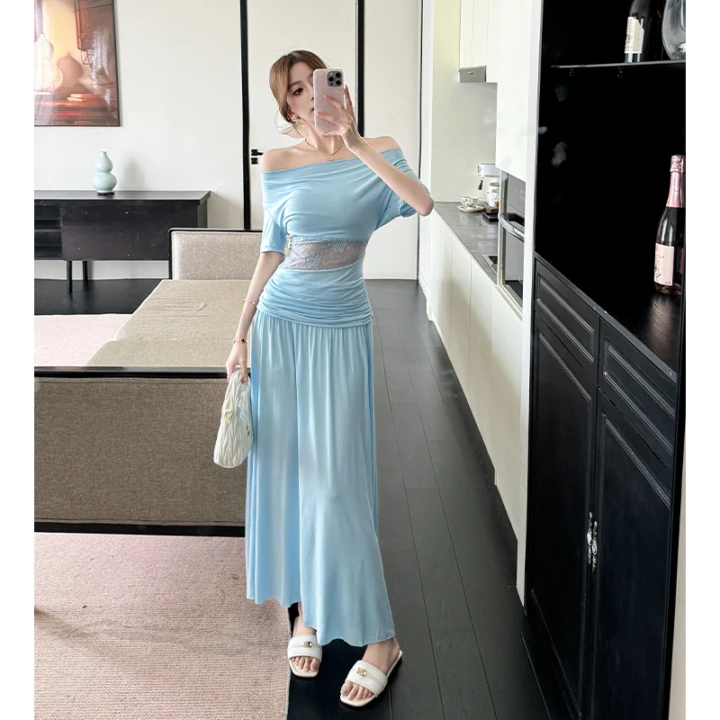 

Hot Girl Suit Women's Summer Off Shoulder Lace Pleated Top High Waist A-line Long Skirt Two-piece Set Fashion Female Clothes