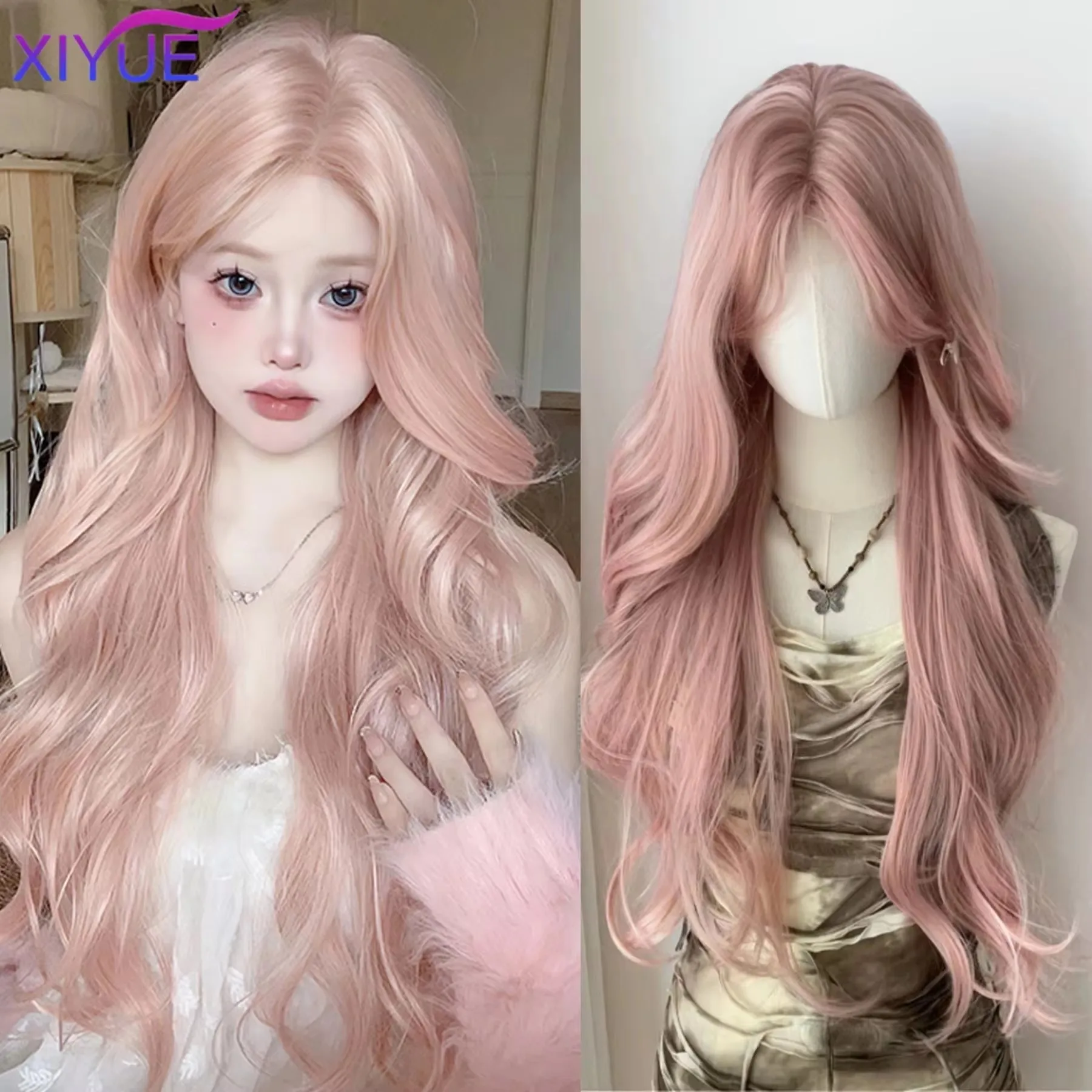 

synthetic Long Wavy Wig Hair Wire Center Split Wig Cosplay Daily Wear Role-playing Daily Natural Smooth Wig Strawberry XIYUE