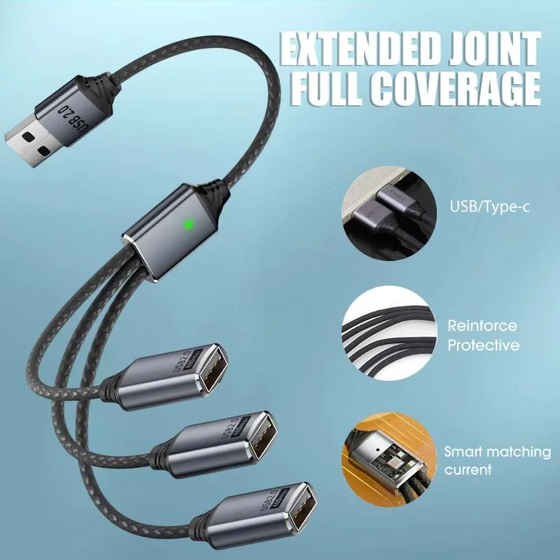 USB /Type C Splitter Cable 3 In 1 Multi Ports Male To Female Adapter Cord Charging Cable 480Mbps High-speed Data Transfer Wire