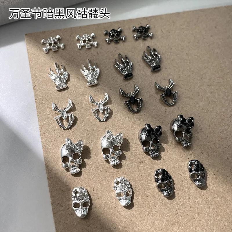 10PCS NEW Holloween Dark Spider Skull Head Cross Diamond Gun Black Silver Alloy Nail Art Rhinestones Decorations Manicure Charms