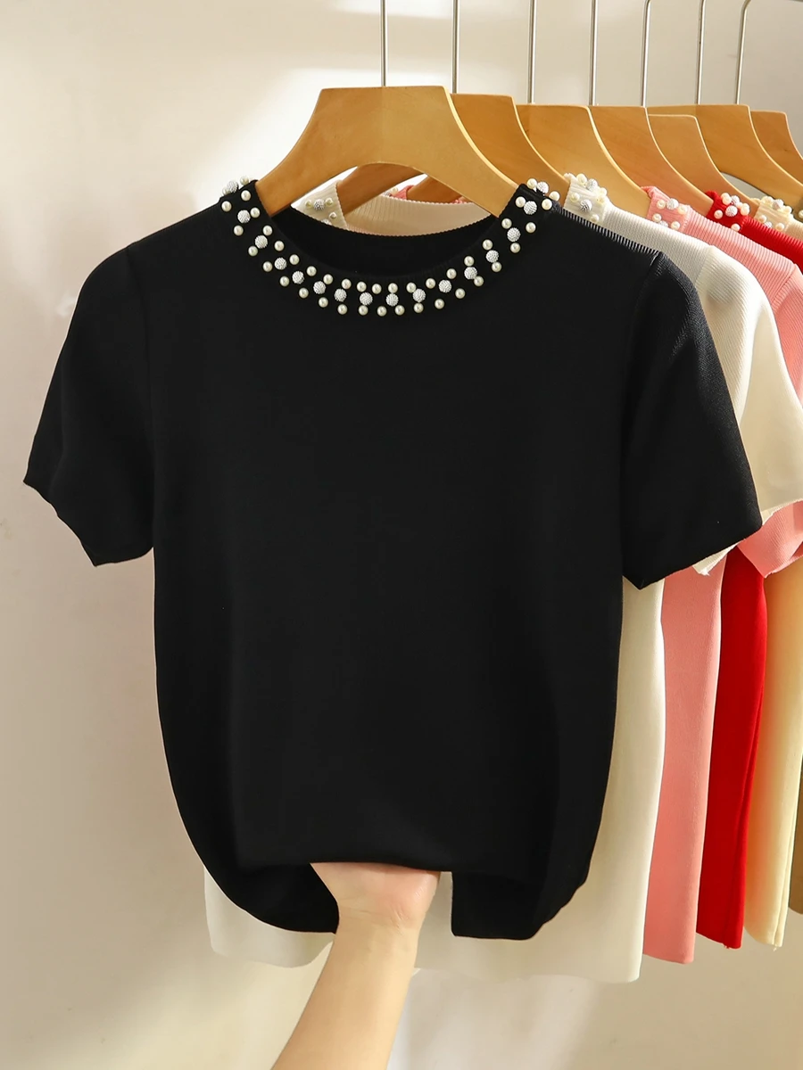 Pearl O-Neck Knitted Sweater Summer Elegant Casual Loose Ice Silk Thin Pullover Women Short Sleeved O-Neck Versatile Top