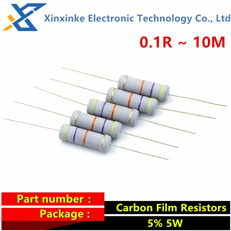 10PCS 5% 5W Carbon Film Resistors 0.1R 0.39R 2.2R 4.7R 10R 22R 47R 100R 220R 470R 1K 10K 100K 100/160/180/220/470 Ohm 1.2M 6.8M