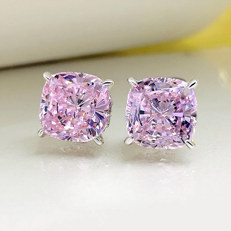 

925 sterling silver 5-carat cherry blossom pink diamond earrings, high carbon diamond square earrings, wedding jewelry wholesale