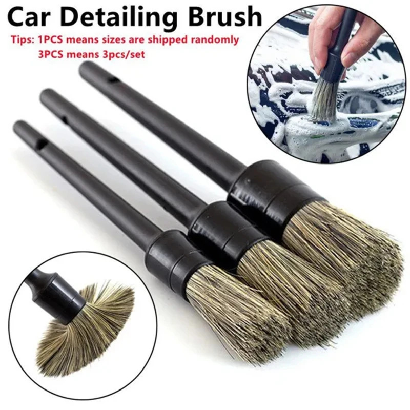 

3Pcs Natural Boar Hair Car Detailing Brush Set Soft Bristle Car Cleaning Brush Kits Atuo Tire wheel Wash Exterior Accessories