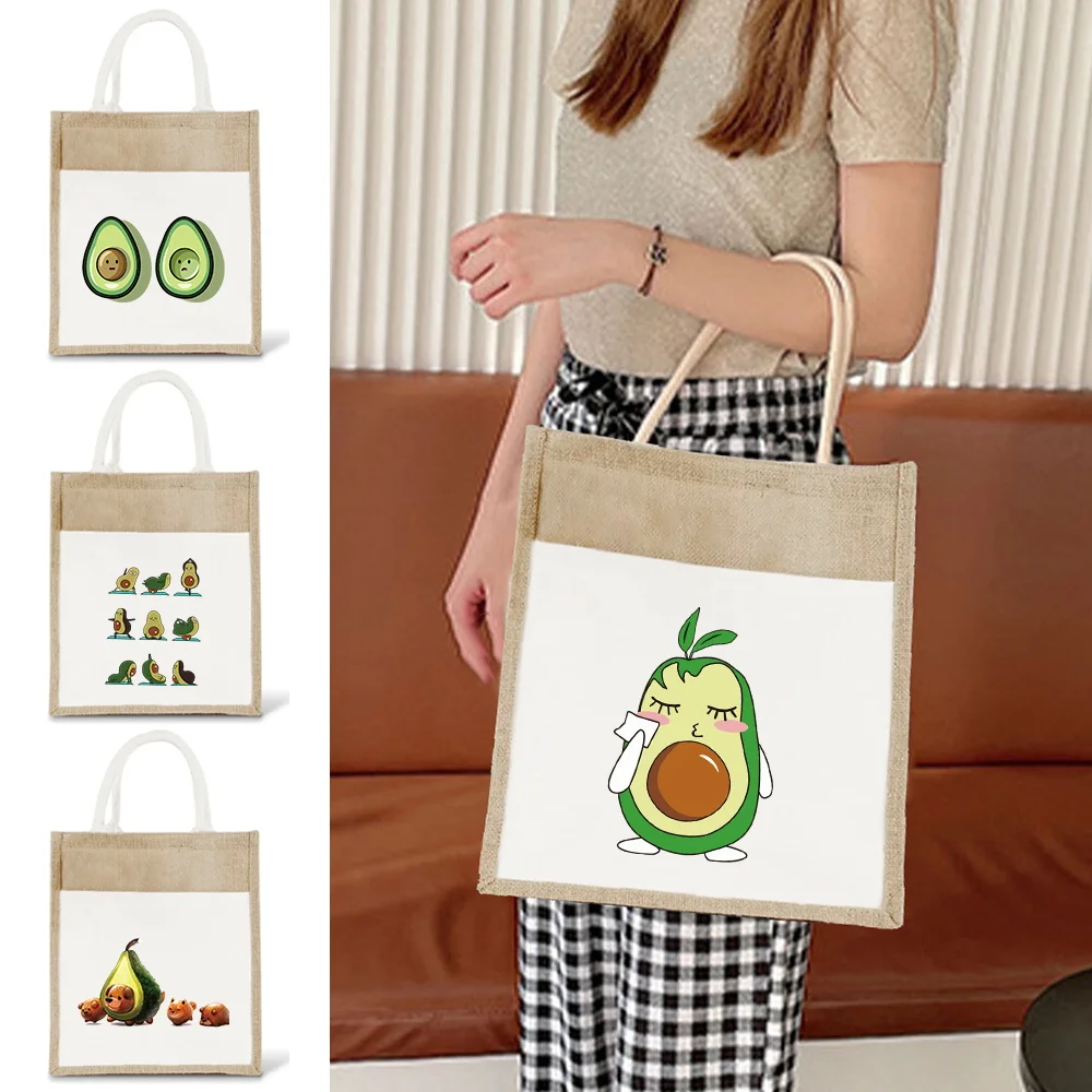 

Vintage Grocery Bags Reusable Eco Jute Shopping Bag Large Capacity Summer Beach Shoulder Bags Avocado Series