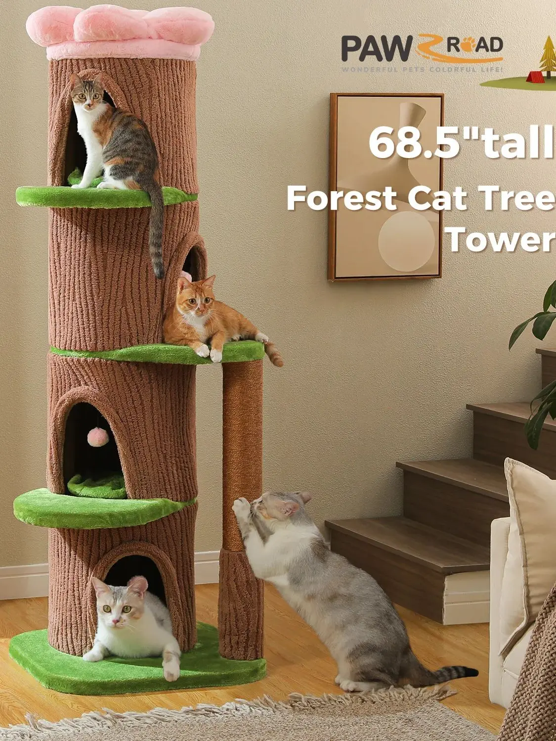 Großer Katzenbaum mit 4 geräumigen Höhlen, dickem Kratzbaum, Blumen-Dachbett, hoher Katzenturm für drinnen, luxuriöses Katzenhaus, Bett und Spielzeug