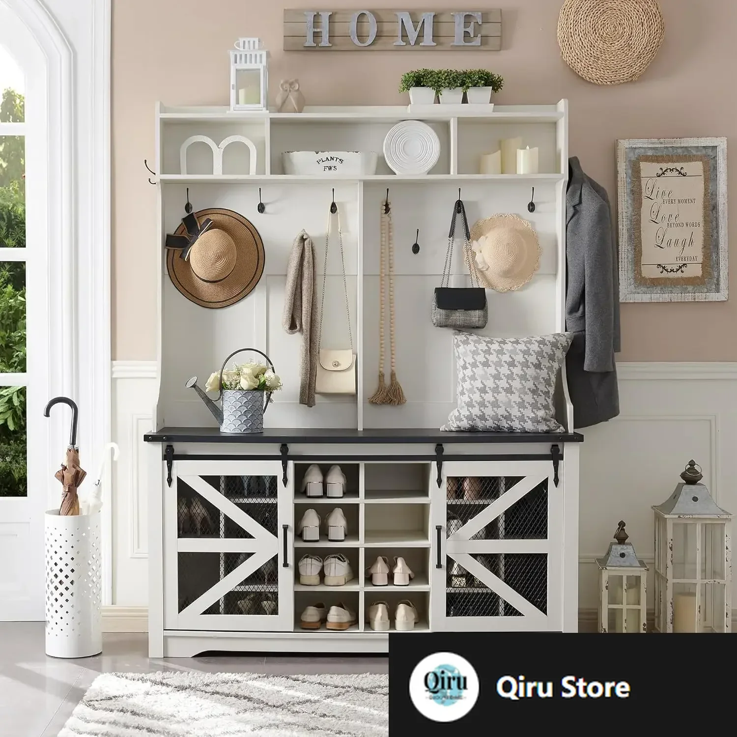 

Скамейка в прихожей в фермерском доме с вешалкой для одежды, скамейка для хранения обуви, раздвижные двери сарая, шкаф для хранения грязевой комнаты, белый цвет