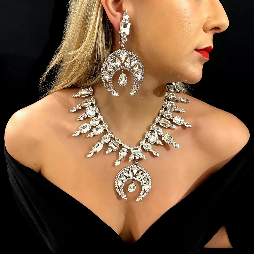 Stonefans Crystal Moon Pendant Necklace Earrings Sets for Women Exaggerated Drag Queen Accessories Big Rhinestone Jewelry Sets