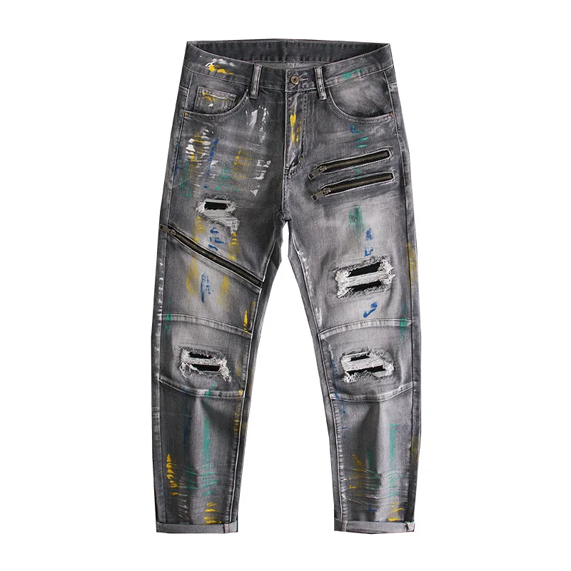 Broken hole patch graffiti splicing jeans for men, slim fit with small feet, elastic retro splashed ink high-end trendy pants
