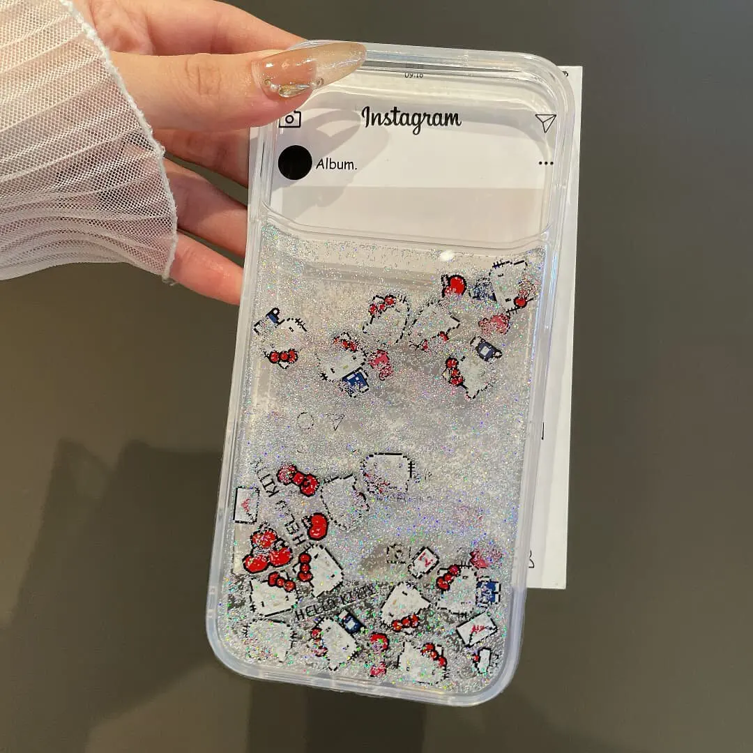 Cute Cartoon Sanrio Hello Kitty Bling Glitter Liquid Quicksand Phone Case For iPhone 17 16 15 14 13 Pro Max Clear Hard Cover view 6