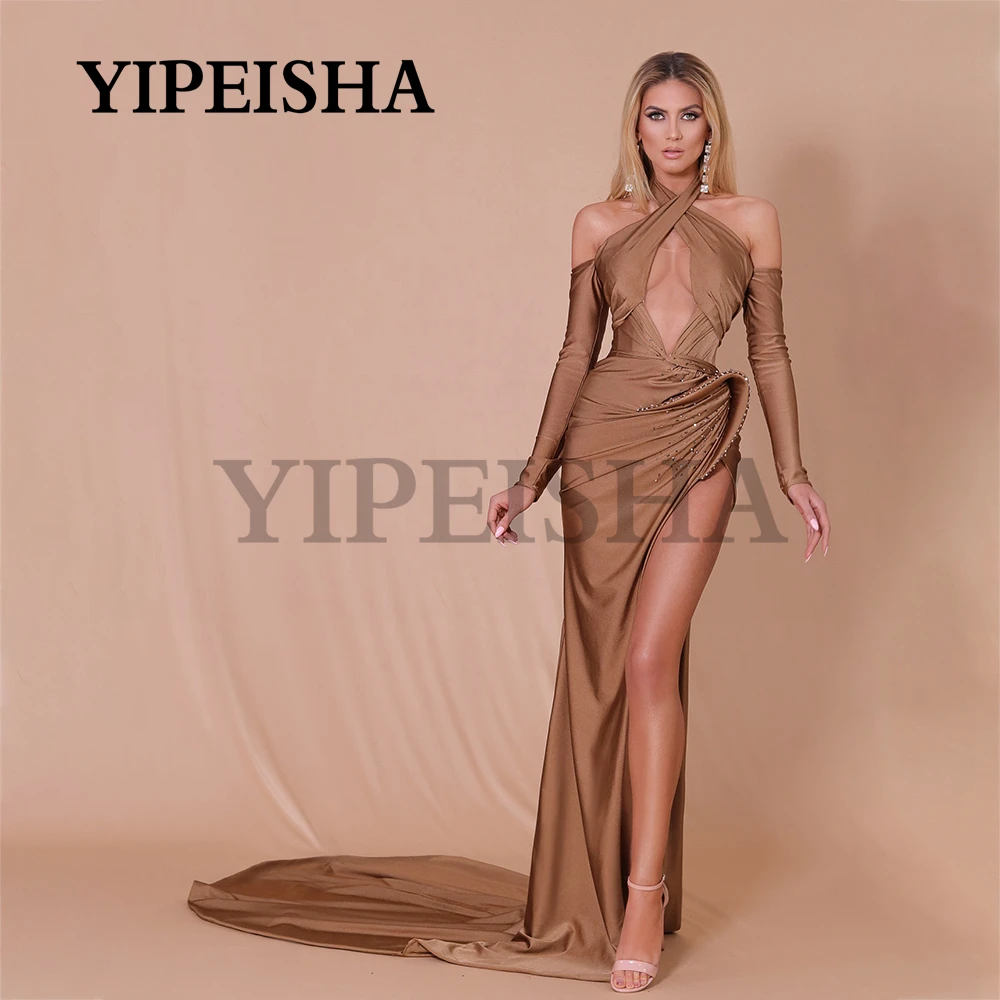 Vestidos de Noche de sirena con cuello Halter, sexys, con abertura lateral alta por debajo del hombro, con cuentas de lentejuelas, largos, para baile de graduación