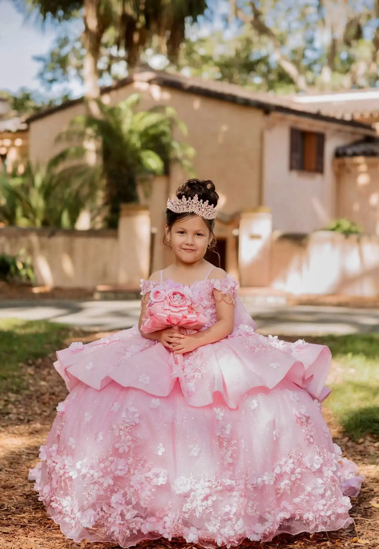 Pink Applique Flower Girl Dress For Wedding Tulle Puffy With Bow Kids Birthday Party First Communion Ball Gowns Customized