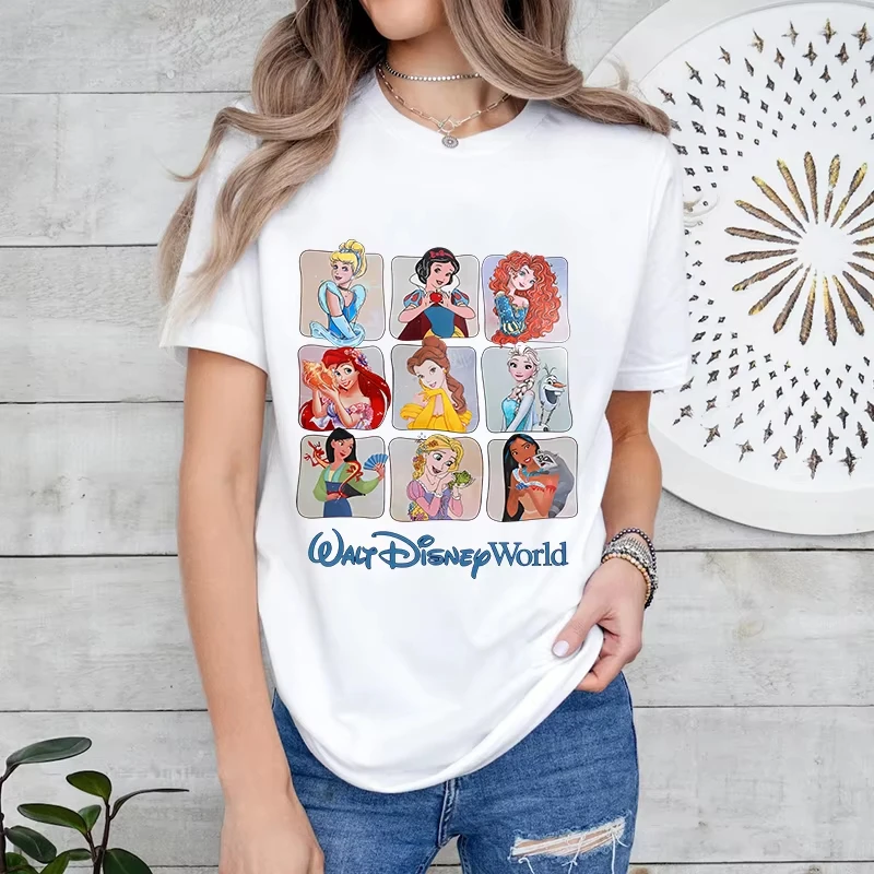 

Женская летняя футболка с принтом принцессы Диснея, повседневный топ из чистого хлопка с короткими рукавами, модная женская футболка