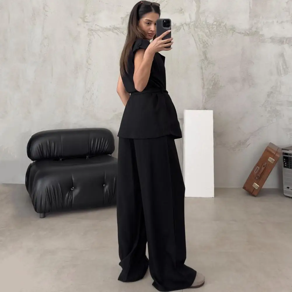 

Women Floor-length Pants with Pockets Elegant Women's Business Suit Set with V Neck Vest High Waist Pants Belted for Office