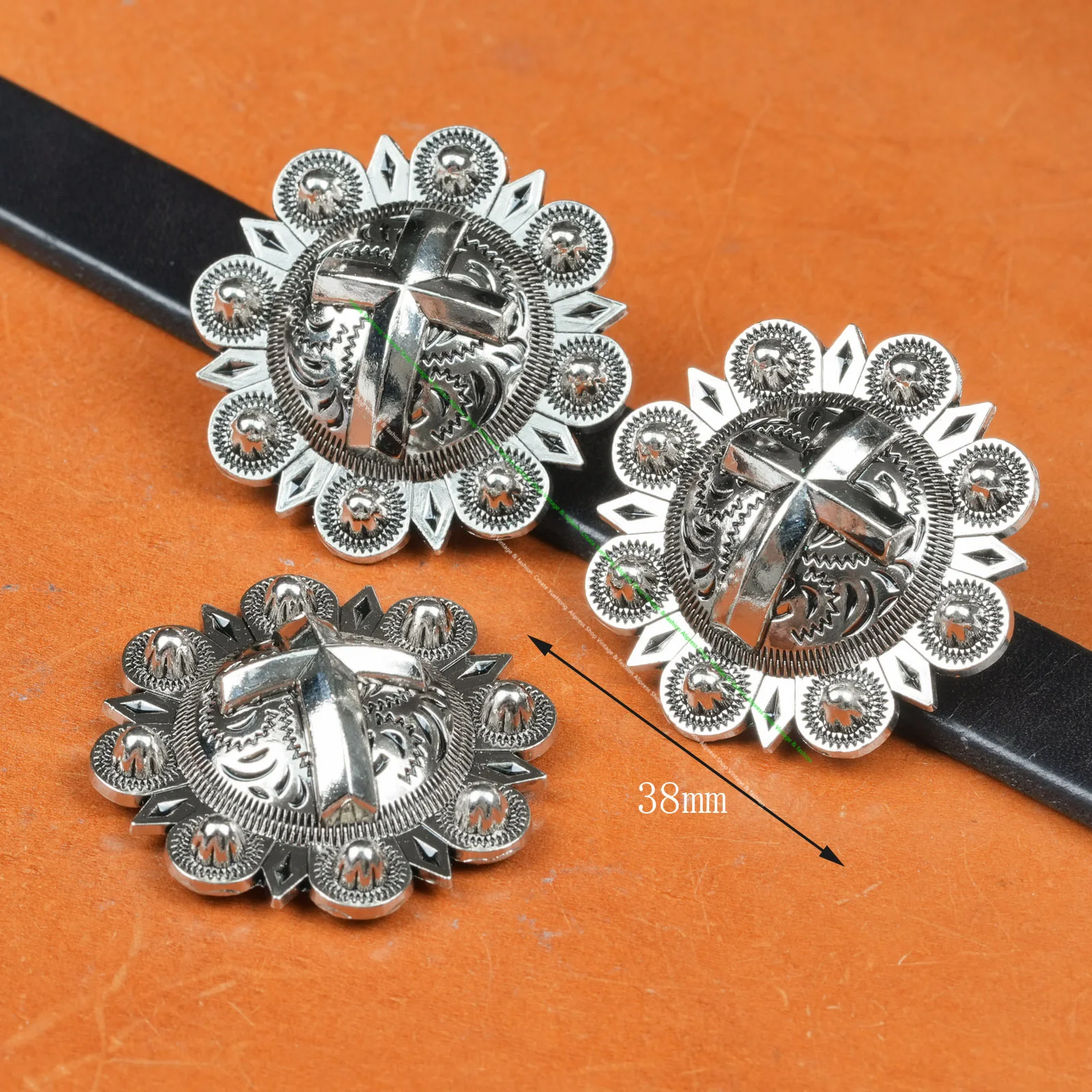 6X 38mm Heavy Duty Silver Western Flower Cross Berry Concho for Saddle Leather Crafts Studs for Belts Chaps Decor Screwback