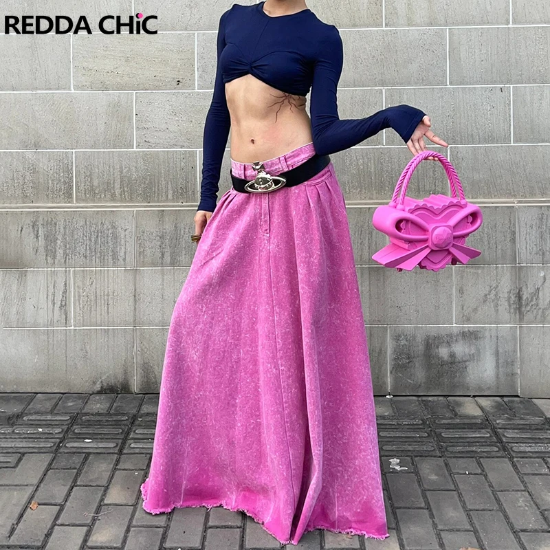 

REDDACHiC Tall Girl Pink Denim Maxi Skirt Vintage Frayed High Waist Flowy Balloon Long Jeans Skirt Fairy Aesthetic Y2k Clothes