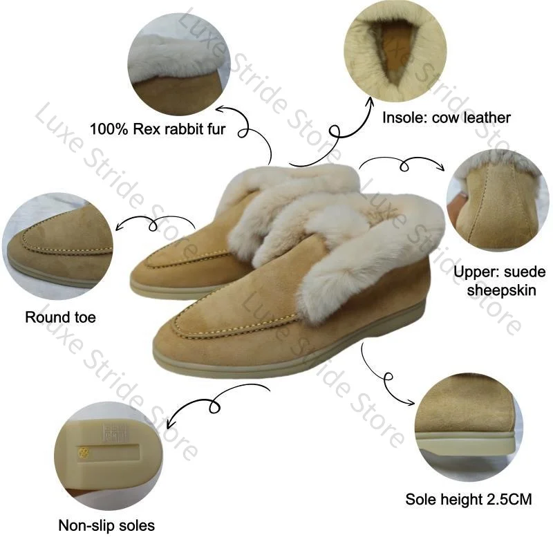 26 Top Quality Women’s Fur Loafers Genuine Suede Leather Luxury 100% Full Rex Rabbit Fur Lined Winter Slip-On Flat Shoes A40225