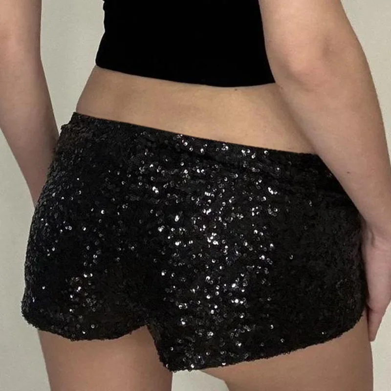 Pantaloni caldi elastici a vita bassa con paillettes nere alla moda da donna, corti personalizzati da ballo slim