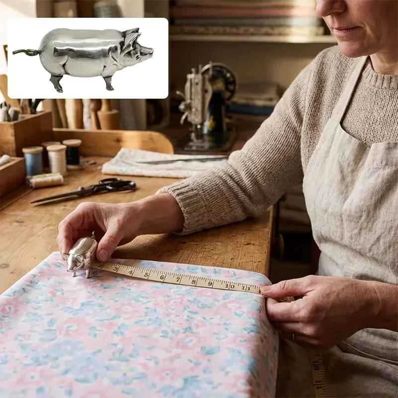 A vintage-style pig mini tape measure, a retro metal pig with a soft tape measure, for sewing and crafts, measuring tool