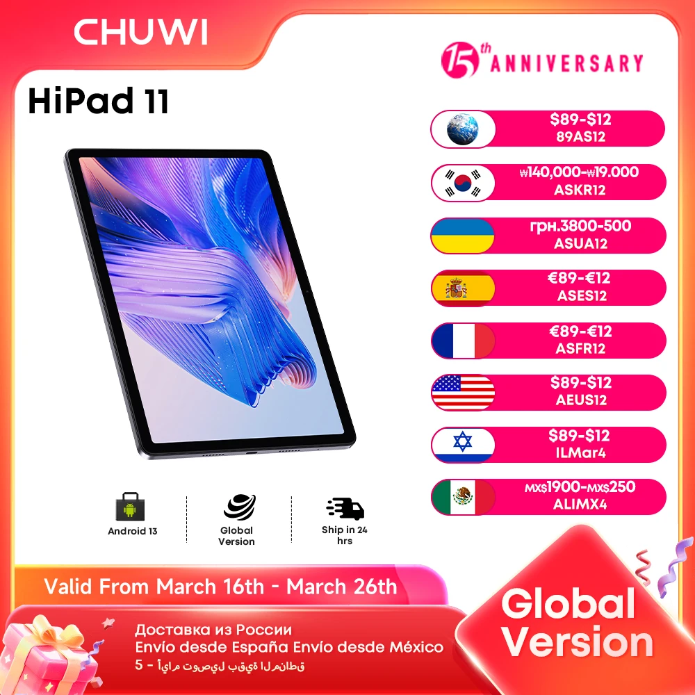 CHUWI 2024 HiPad 11 Tablet 10,95 "FHD Unisoc T616 6GB RAM 128GB ROM 2,4G/5G Wifi 7000Mah batería Widevine L1 Android 14 tabletas