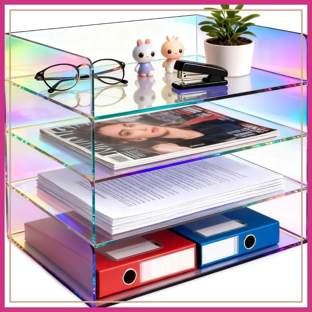 

Acrylic File Organizer 4-Tier Stackable Letter Tray for Desk, Office Paper Storage Document Sorter, Iridescent
