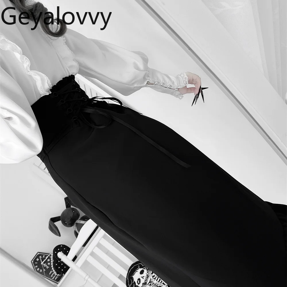 قميص بناتي جميل على الطراز الياباني الأصلي بأكمام طويلة وياقة واقفة وربطة عنق عالية الخصر وتنورة حورية البحر الطويلة للتخسيس