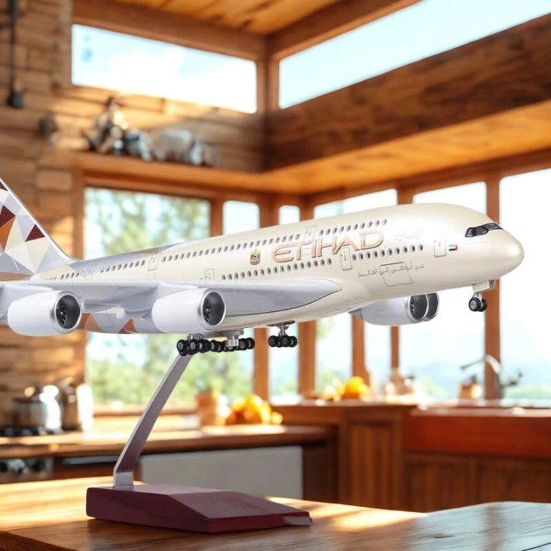 

1/160 Scale Boutique Decoration 50.5CM Airplane A380 ETIHAD Airline Model W Light And Wheel Diecast Resin Plane For Collection
