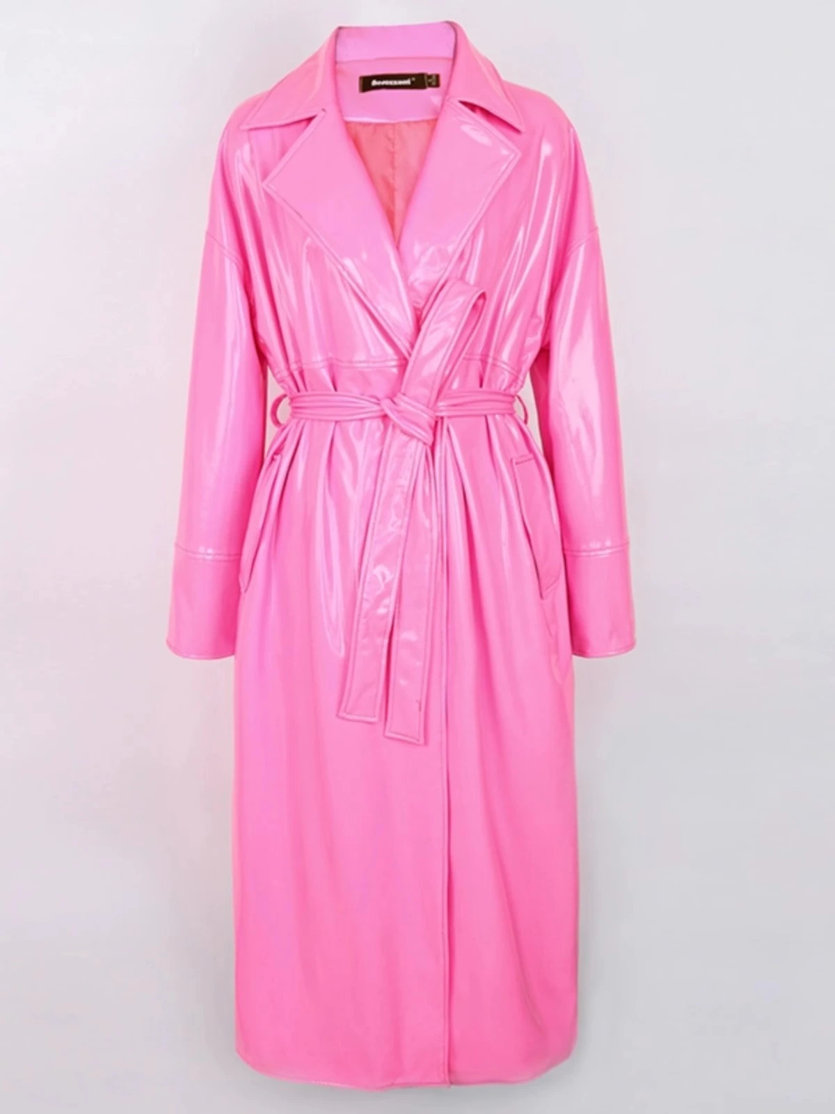 

pink Bright Topcoat Leather Trench Coat Spring Autumn Black Pu Leather Trench Coat Women Sashes Chic Overcoat Runway Fashion