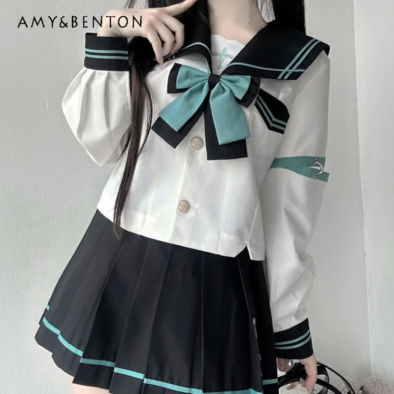 Japanese JK Uniform Original Sailor Collar Outfit College Style Cute Green Dual-Use Stitching Sleeves Top Pleated Skirt Set Girl