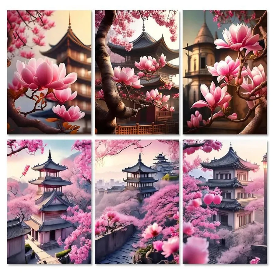 Diy Diamond Painting New Collection 2023 Pink Orchid Flower Ancient Castle Full Mosaic Arts Rhinestone Embroidery Picture