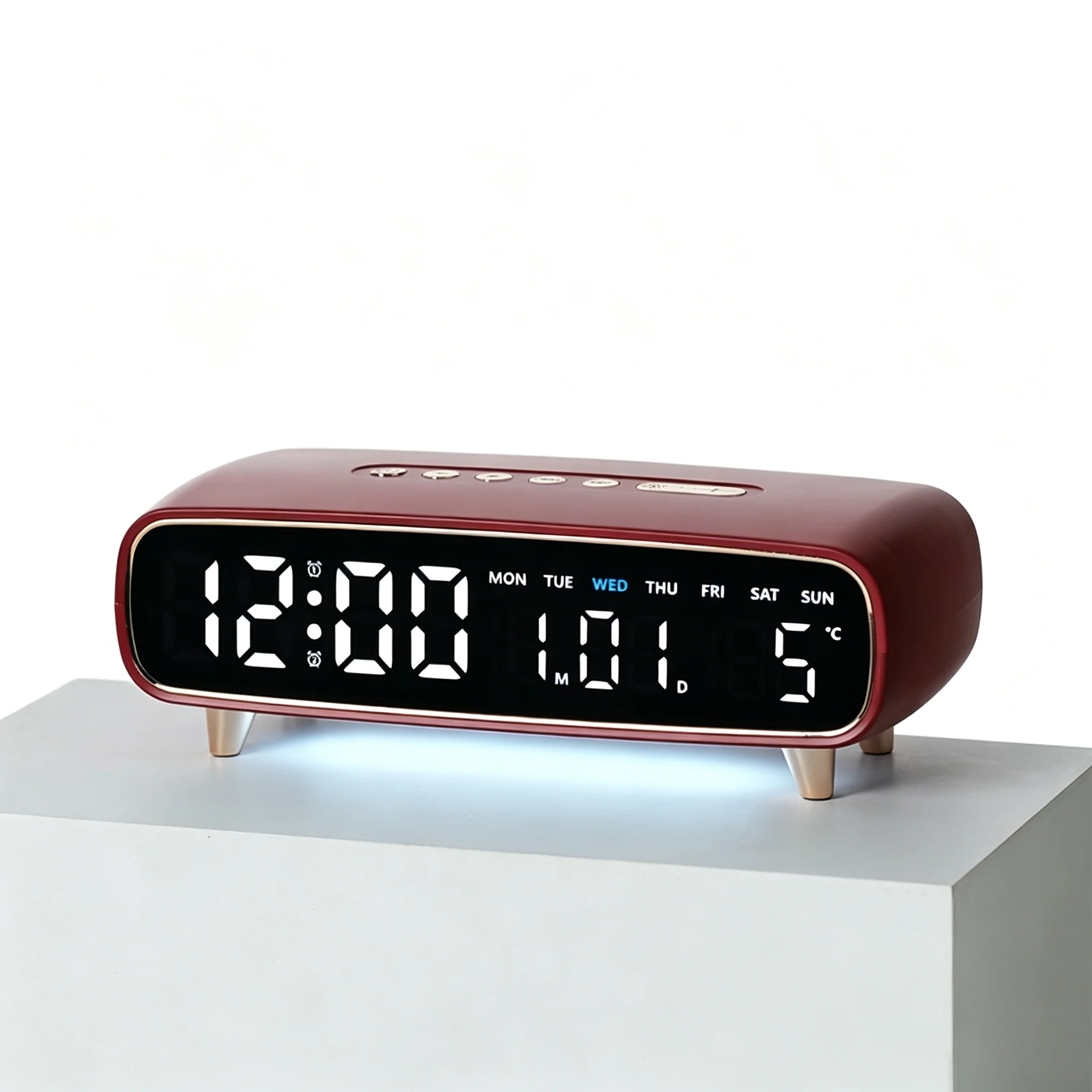 European Design LED Alarm Clock with USB Output 5V1A Night Light Mode and Full Screen Display Time Date Week Temperature