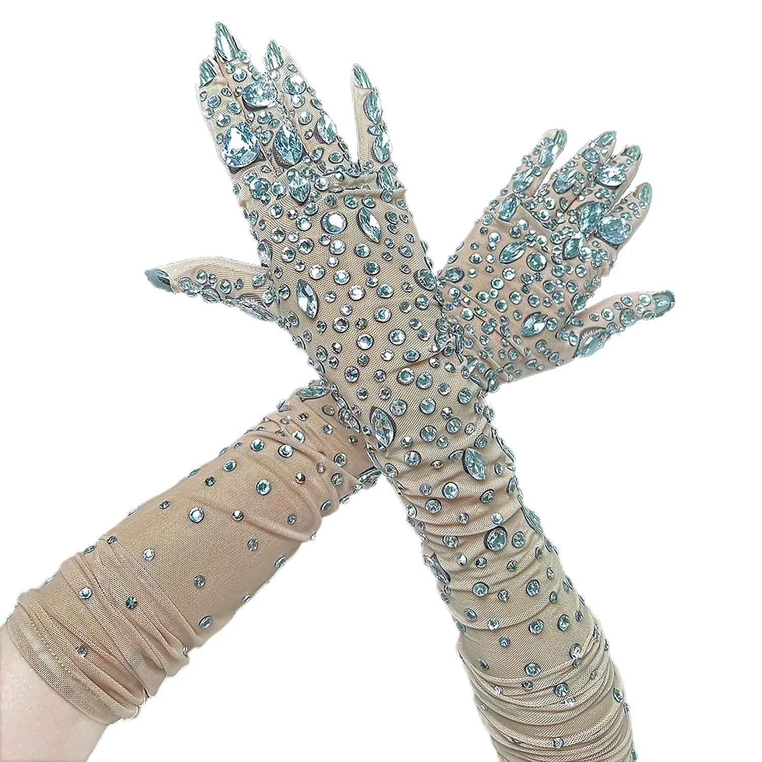 Fashion Party Club Rhinestone Gloves Sexy Women Skin Nude Color Crystal Prom Wedding Long Gloves Dancer Singer Stage Accessories