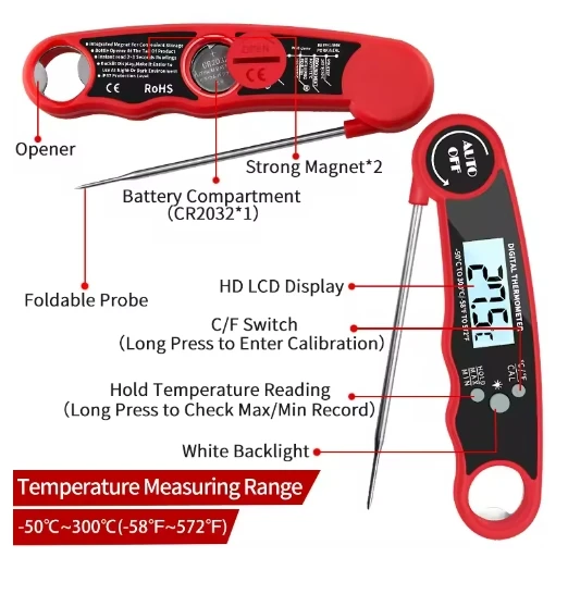 Household barbecue and baking kitchen meat folding portable digital thermometer probe，Waterproof Instant Read