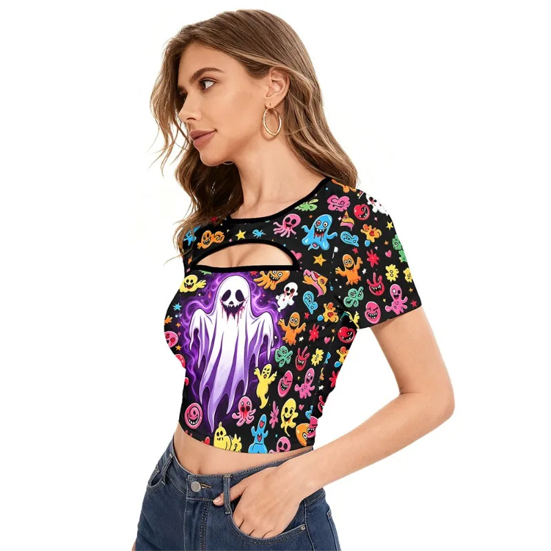 Womens Halloween Purple Ghost Cute Monster Print Hollow Front Short Sleeve Slim Fit Cropped T‑Shirt