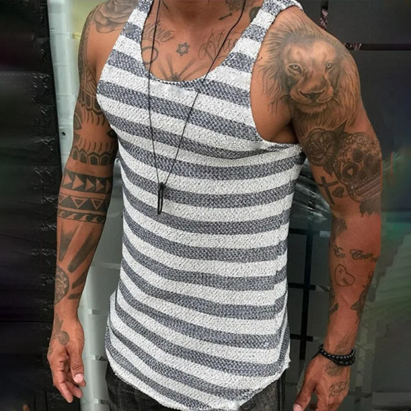 2024 European Station Men's New Summer Slim Fit Stripe Knit Shirt Men's Pullover Backing Knitted Tank Top