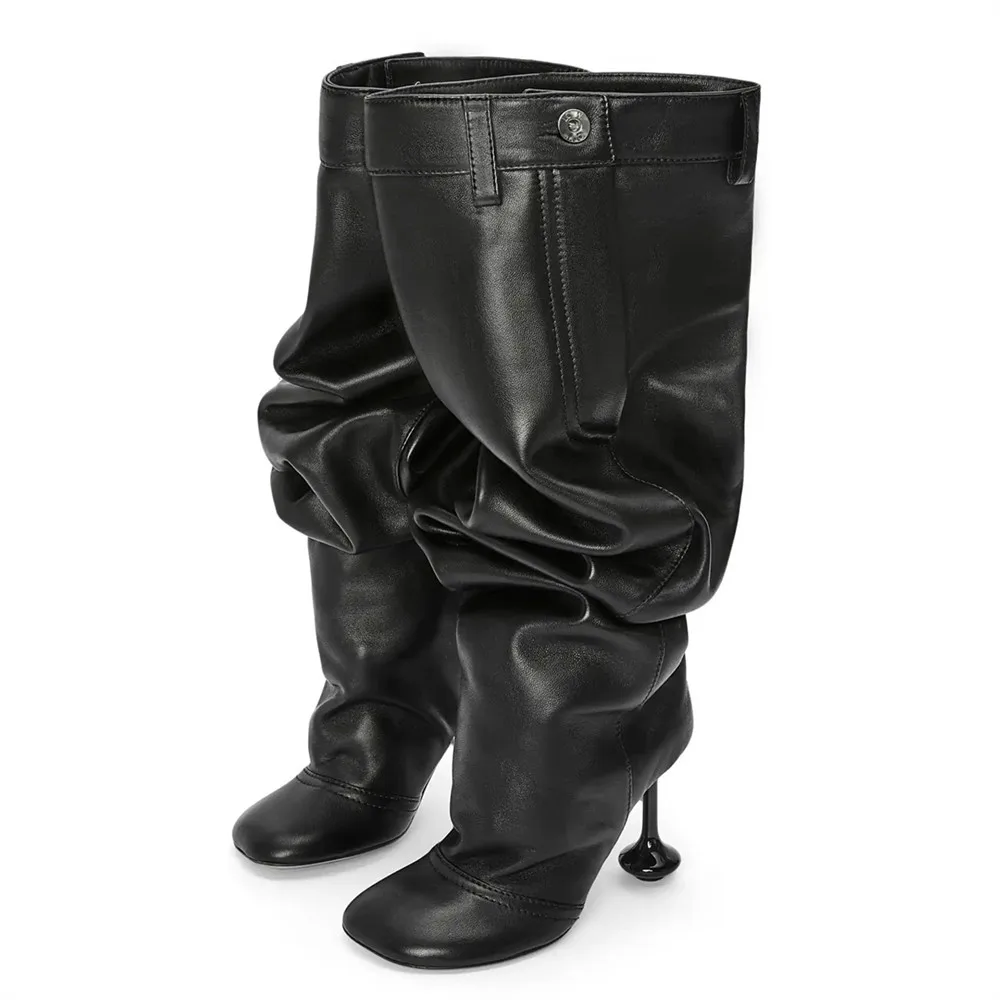 

Autumn Winter Women Over The Knee Boots for Woman's Round Toe Slip-On Strange Heels Long Boots Sexy Ladies Pleated Party Shoes