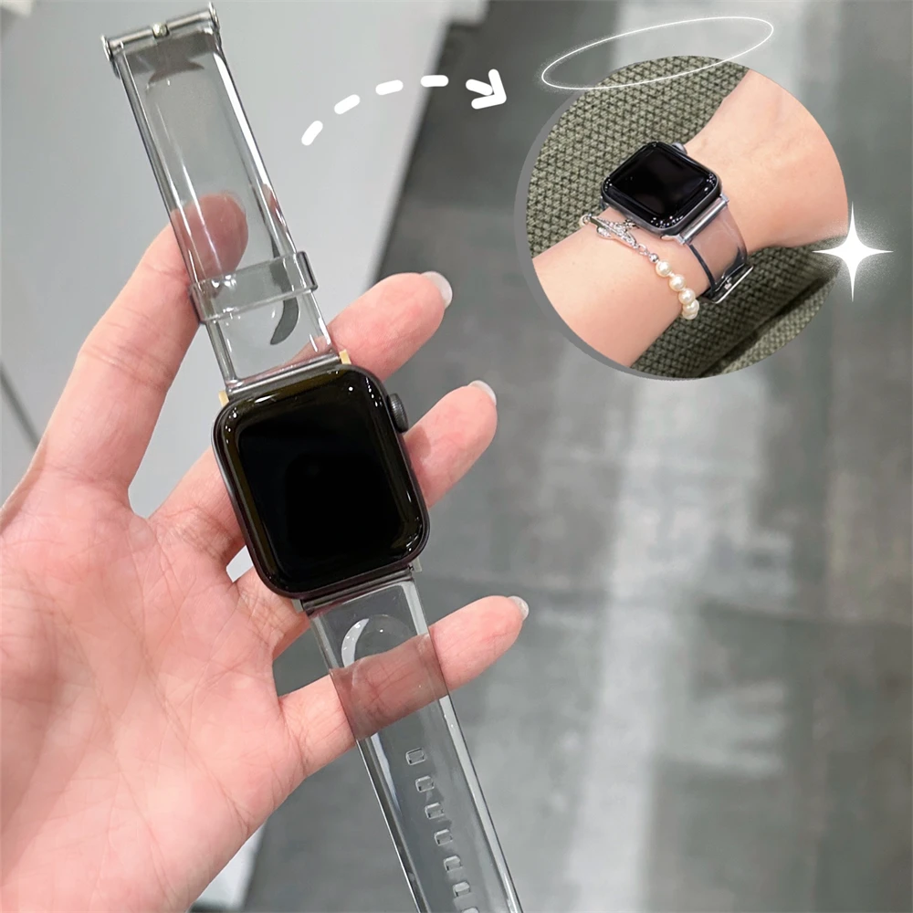 Cute Clear Band+Case Jelly Strap For Apple Watch 44mm 40 45 41 49 42 38 Korea Silicon Bracelet For Ultra Series 9 8 SE 7 6 5 4 3