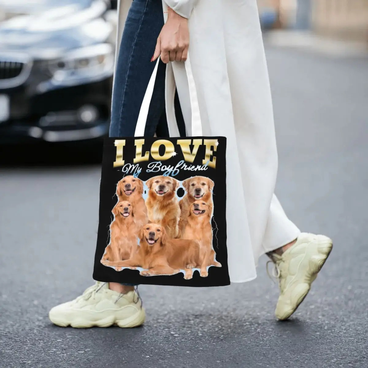 Golden Retriever-Bolso de mano con estampado para mujer, bolsa de hombro con estampado de "I Love My Boyfriend", para estudiantes