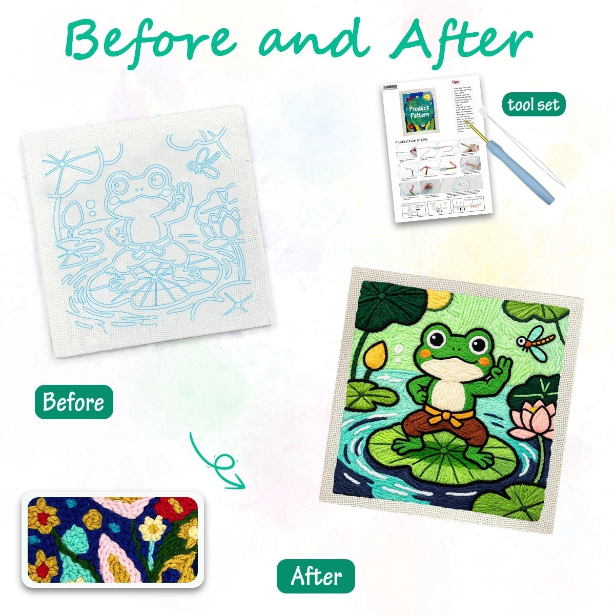 1 Set Frosch auf Lotusblatt DIY-Stickset für Anfänger, Stick-Starter-Kit, Kreuzstich-Kunstgeschenk, Nadelarbeiten – Detail 1