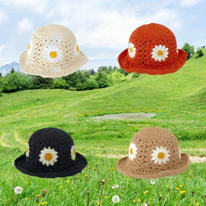 

Bohemian Daisy Hand Crochet Bucket Hat, Pure Color Knitted Fisherman Sun Hat for Women's Casual Outdoor Travel and Daily Wear