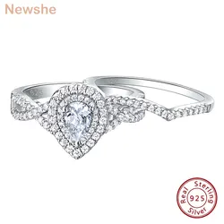 Newshe 2 Pcs 925 Sterling Silver AAAAA Zircon Moissanite Wedding Rings for Women Engagement Ring Sets Pear Shape Teardrop