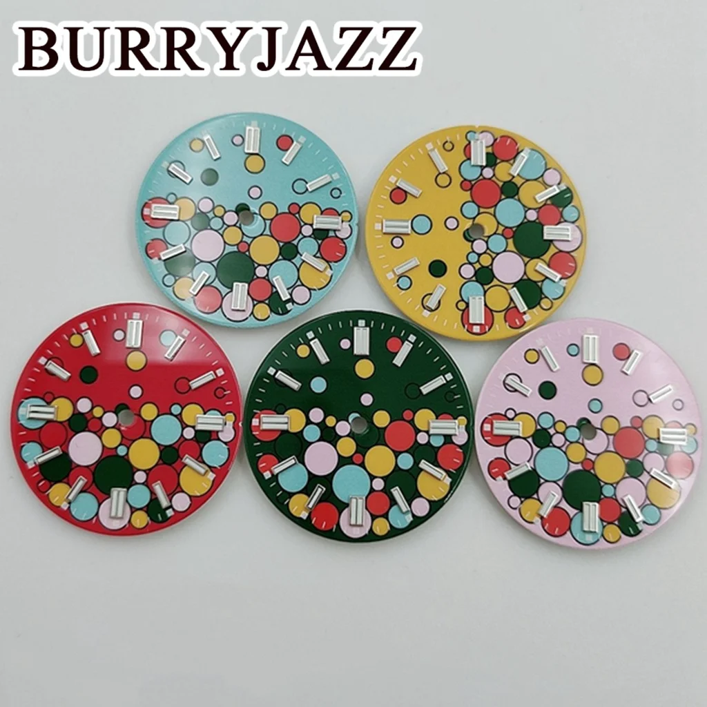 قرص ساعة من Burryjazz مضيء ، بدون شعار ، قرص أزرق وأخضر ووردي ، الساعة 3: 00 ، علبة ساعة التاج ، ، من من نوع NH35 4R35 NH34 #1